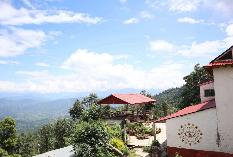 Aerial view of the farm. The farm on the sits at an altitude of 1400m the sea level and faces the Himalayas.